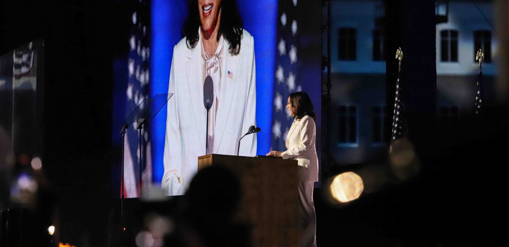 Kamala Harris addresses supporters at the Wilmington Riverfront in Delaware.