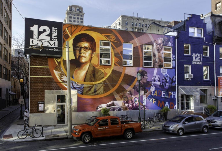 The Gloria Casarez mural by Michelle Angela Ortiz at 12th and Locust streets was painted over on Wednesday, December 23, 2020. (Photo by Steve Weinik/Mural Arts)