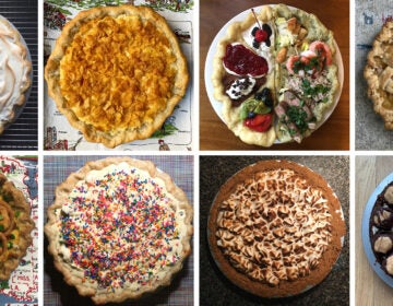 Stacey Mei Yan Fong has been baking her way across the United States: Clockwise from upper left, a baked Alaska pie, Utah's funeral potato pie, Nevada's all you can eat buffet pie, South Carolina's peach pie, Ohio's buckeye pie, Iowa's s'mores pie, Missouri's frozen custard pie, and Minnesota's corn dog casserole pie. (Stacey Mei Yan Fong)
