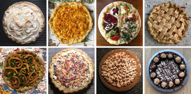 Stacey Mei Yan Fong has been baking her way across the United States: Clockwise from upper left, a baked Alaska pie, Utah's funeral potato pie, Nevada's all you can eat buffet pie, South Carolina's peach pie, Ohio's buckeye pie, Iowa's s'mores pie, Missouri's frozen custard pie, and Minnesota's corn dog casserole pie. (Stacey Mei Yan Fong)