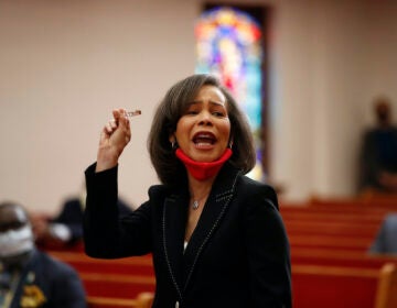 Rep. Lisa Blunt Rochester speaks with Democratic presidential candidate, former Vice President Joe Biden, members of the clergy and community leaders at Bethel AME Church in Wilmington, Del., Monday, June 1, 2020. (AP Photo/Andrew Harnik)