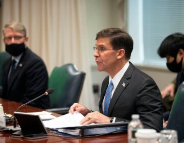 Defense Secretary Dr. Mark T. Esper meets with Korean Defense Minister Suh Wook at the Pentagon on Wednesday, Oct. 14, 2020 in Washington.   (AP Photo/Kevin Wolf)