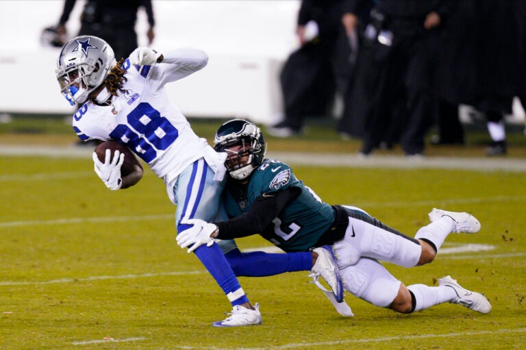 Dallas Cowboys' CeeDee Lamb (88) tries to get past Philadelphia Eagles' Marcus Epps (22) during the second half of an NFL football game, Sunday, Nov. 1, 2020, in Philadelphia. (AP Photo/Chris Szagola)