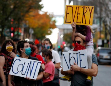 People urge for all votes to be counted during a demonstration outside the Pennsylvania Convention Center where votes are being counted, Thursday, Nov. 5, 2020, in Philadelphia, following Tuesday's election. (AP Photo/Rebecca Blackwell)