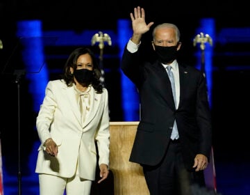 President-elect Joe Biden, right, on stage with Vice President-elect Kamala Harris, left, Saturday, Nov. 7, 2020, in Wilmington, Del. (AP Photo/Andrew Harnik, Pool)