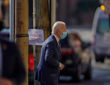 President-elect Joe Biden arrives at The Queen theater, Tuesday, Nov. 10, 2020, in Wilmington, Del. (AP Photo/Carolyn Kaster)