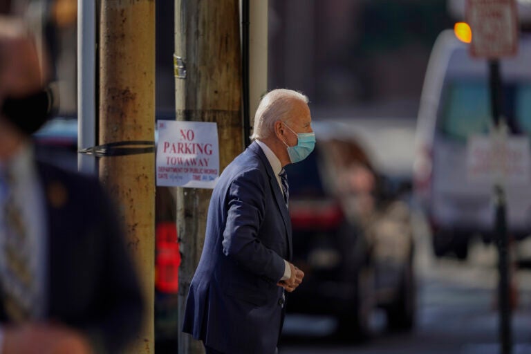 President-elect Joe Biden arrives at The Queen theater, Tuesday, Nov. 10, 2020, in Wilmington, Del. (AP Photo/Carolyn Kaster)