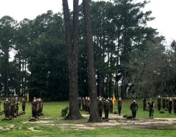 Marine recruits at Parris Island Recruit Depot, S.C., on May 27, 2020. In ways big and small, the virus is impacting training at the Marine Corps' Parris Island Recruit Depot and across the military. (AP Photo/Lolita Baldor)