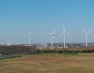 This Oct. 1, 2020 photo shows windmills at a utility plant in Atlantic City N.J.