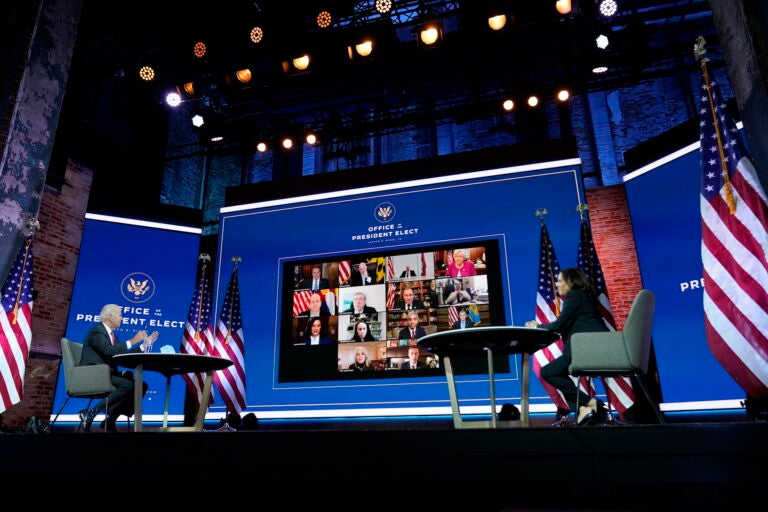 President-elect Joe Biden and Vice President-elect Kamala Harris participate in a meeting with the National Governors Association's executive committee at The Queen theater, Thursday, Nov. 19, 2020, in Wilmington, Del. (AP Photo/Andrew Harnik)