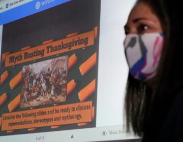 Susannah Remillard teaches her sixth-grade students at Cape Cod Lighthouse Charter School, Thursday, Nov. 19, 2020, in East Harwich, Mass. In a growing number of U.S. schools, students are now learning a more complex Thanksgiving story that involves conflict, injustice and a new focus on the native people who lived in New England for centuries before European settlers arrived. (AP Photo/Elise Amendola)