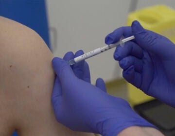 FILE - A person being injected as part of the first human trials in the UK to test a potential coronavirus vaccine, untaken by Oxford University in England.(Oxford University Pool via AP, File)