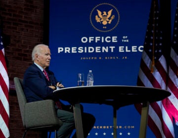 President-elect Joe Biden pauses as he speaks during a virtual meeting with the United States Conference of Mayors at The Queen theater Monday, Nov. 23, 2020, in Wilmington, Del. (AP Photo/Carolyn Kaster)