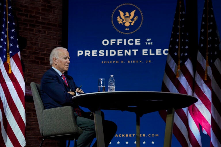 President-elect Joe Biden pauses as he speaks during a virtual meeting with the United States Conference of Mayors at The Queen theater Monday, Nov. 23, 2020, in Wilmington, Del. (AP Photo/Carolyn Kaster)