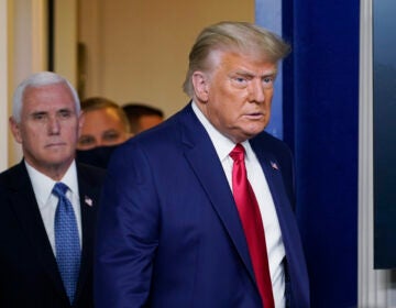 President Donald Trump walks out to speak in the Brady Briefing Room in the White House, Tuesday, Nov. 24, 2020, in Washington, with Vice President Mike Pence.  (AP Photo/Susan Walsh)