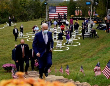 Democratic presidential candidate former Vice President Joe Biden leaves after speaking at Mountain Top Inn & Resort, Tuesday, Oct. 27, 2020, in Warm Springs, Ga
