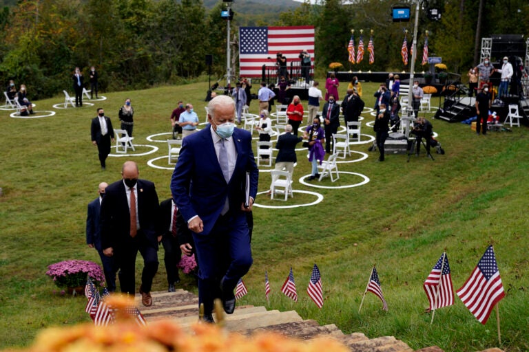 Democratic presidential candidate former Vice President Joe Biden leaves after speaking at Mountain Top Inn & Resort, Tuesday, Oct. 27, 2020, in Warm Springs, Ga