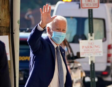 President-elect Joe Biden waves as he arrives Monday, Nov. 9, 2020, at The Queen theater