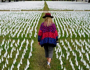 Artist Suzanne Brennan Firstenberg walks among thousands of white flags planted in remembrance of Americans who have died of COVID-19