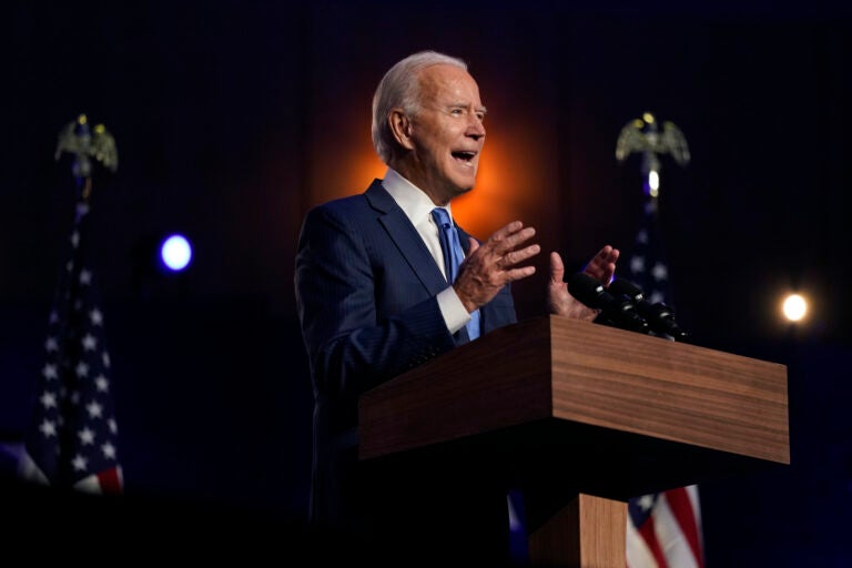 Democratic presidential candidate former Vice President Joe Biden speaks Friday, Nov. 6, 2020, in Wilmington, Del.