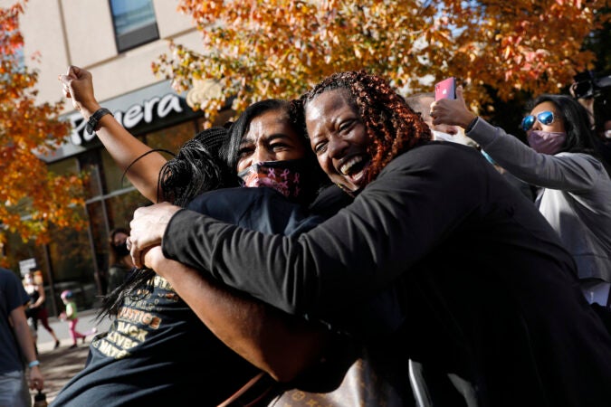 People celebrate Saturday, Nov. 7, 2020, in Philadelphia, after Democrat Joe Biden defeated President Donald Trump to become 46th president of the United States.