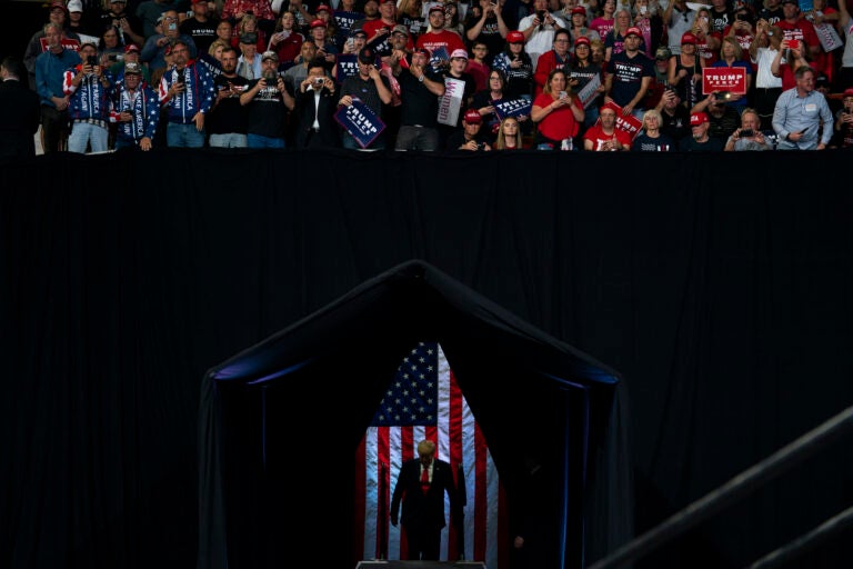 President Donald Trump arrives to speak at a campaign rally