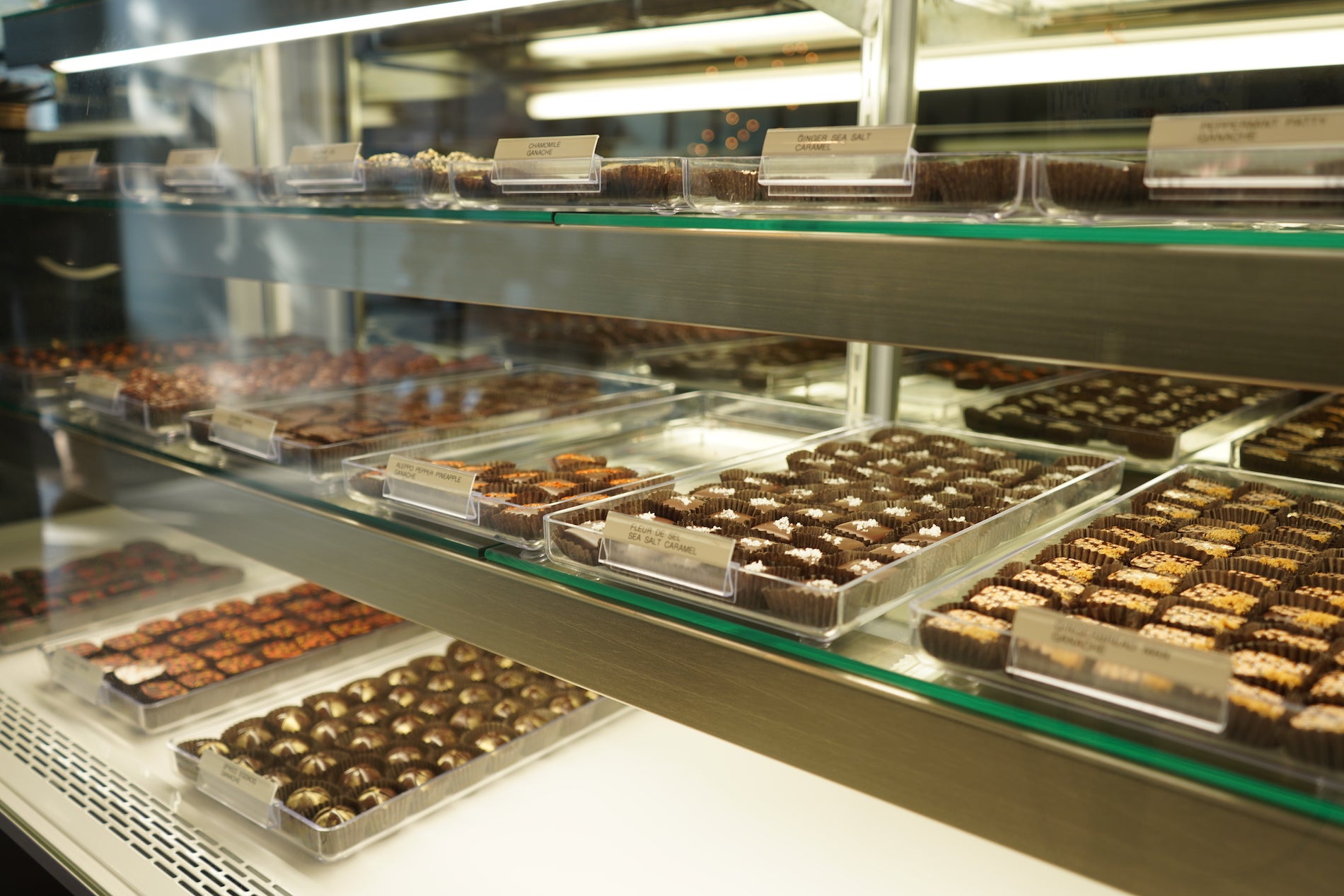 Artisanal chocolate sits behind a glass display at Mecha Chocolate. 