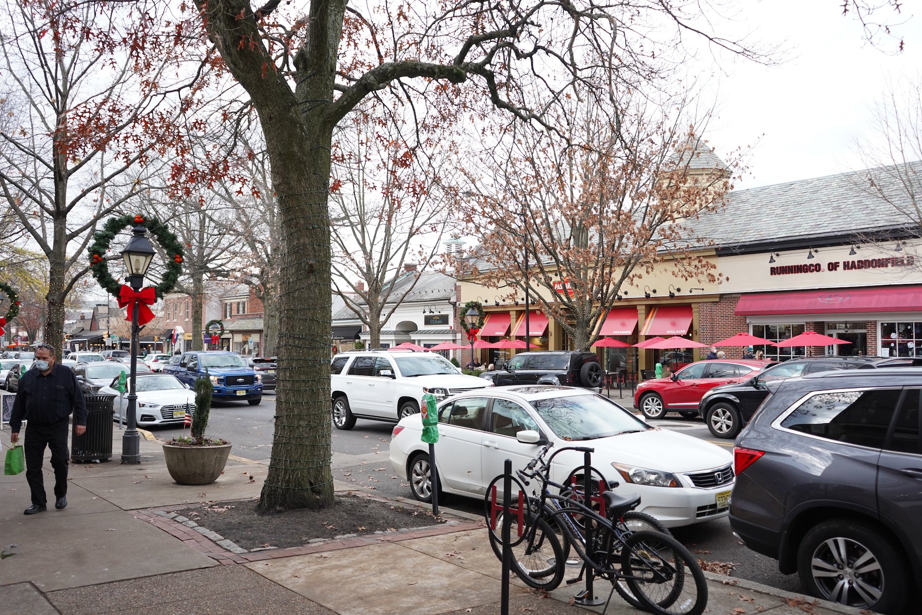 Holiday decorations are commonplace on the sidewalks on Kings Highway.