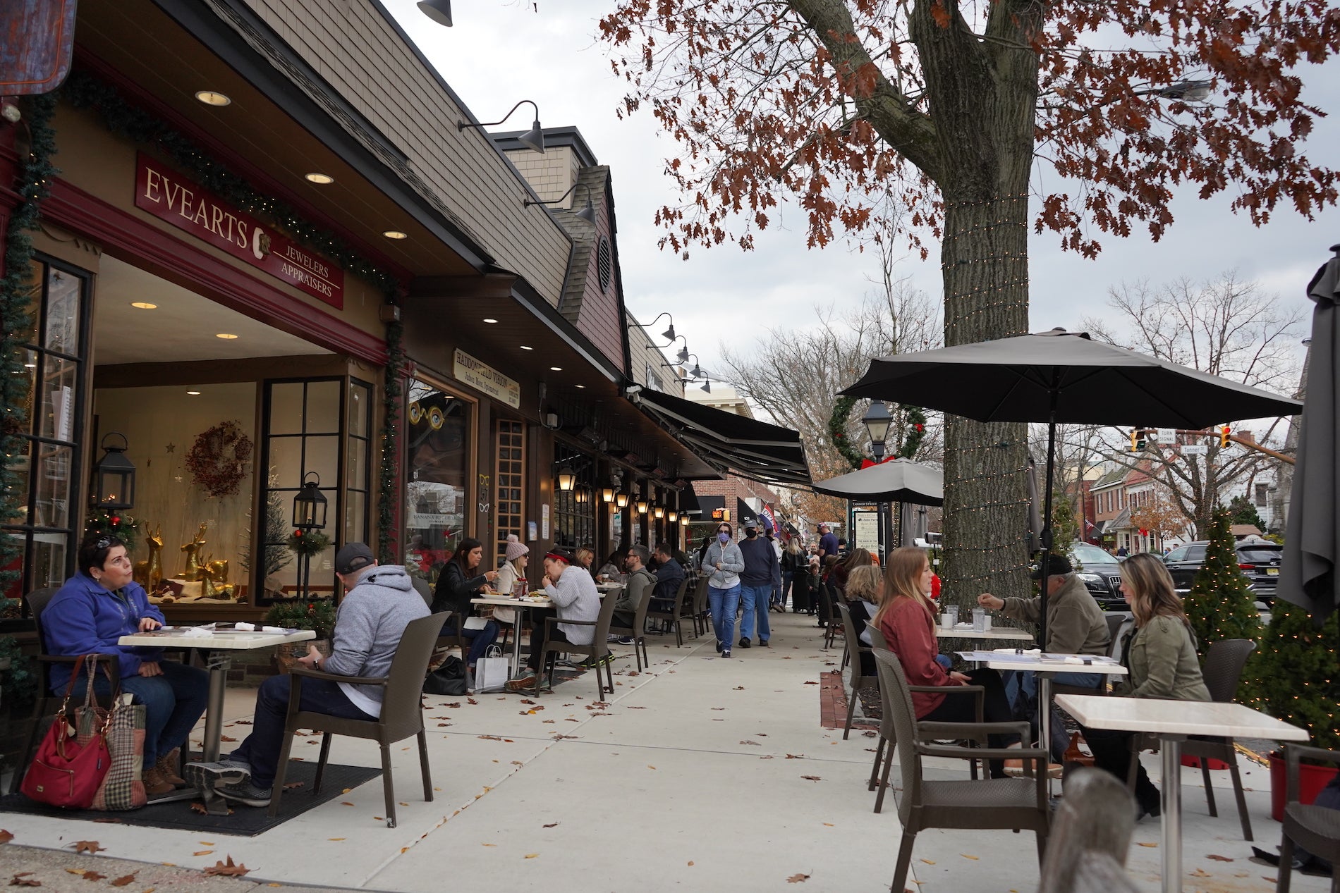 Patrons dine outside along Kings Highway in Haddonfield on Small Business Saturday.