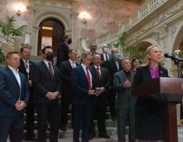 Some Republicans from the Pennsylvania General Assembly gather for a press conference Tues., Nov. 10, 2020. (Brett Sholtis/WITF)