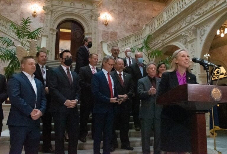 Some Republicans from the Pennsylvania General Assembly gather for a press conference Tues., Nov. 10, 2020. (Brett Sholtis/WITF)