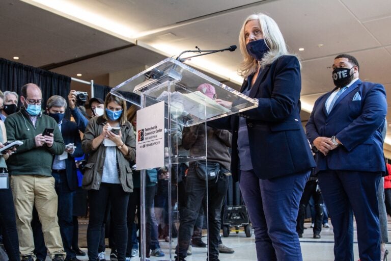 City Commissioner Lisa Deeley announces the latest expectation of when all votes in Philadelphia will be counted. (Kimberly Paynter/WHYY)