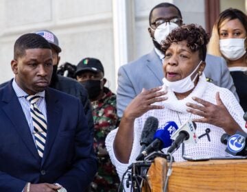 Shaka Johnson, attorney for the Wallace family, (left) and Gwen Carr (right), mother of Eric Garner, spoke in support of the Wallace family and Wallace’s mother who is bedridden with grief. (Kimberly Paynter/WHYY)