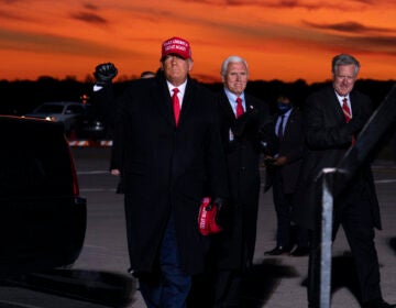 Mark Meadows, right, traveled with President Trump and Vice President Pence in the homestretch of the campaign, including to a rally in Traverse City, Mich. on Nov. 2.