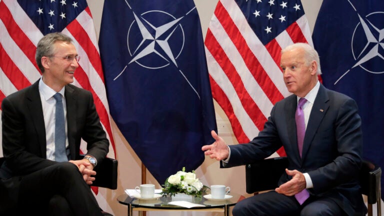 Joe Biden meets with NATO Secretary-General Jens Stoltenberg in Munich in 2015. Relations will no doubt be far more cordial under Biden, but Europe and the U.S. have differences that transcend the Trump administration. (Matthias Schrader/AP)