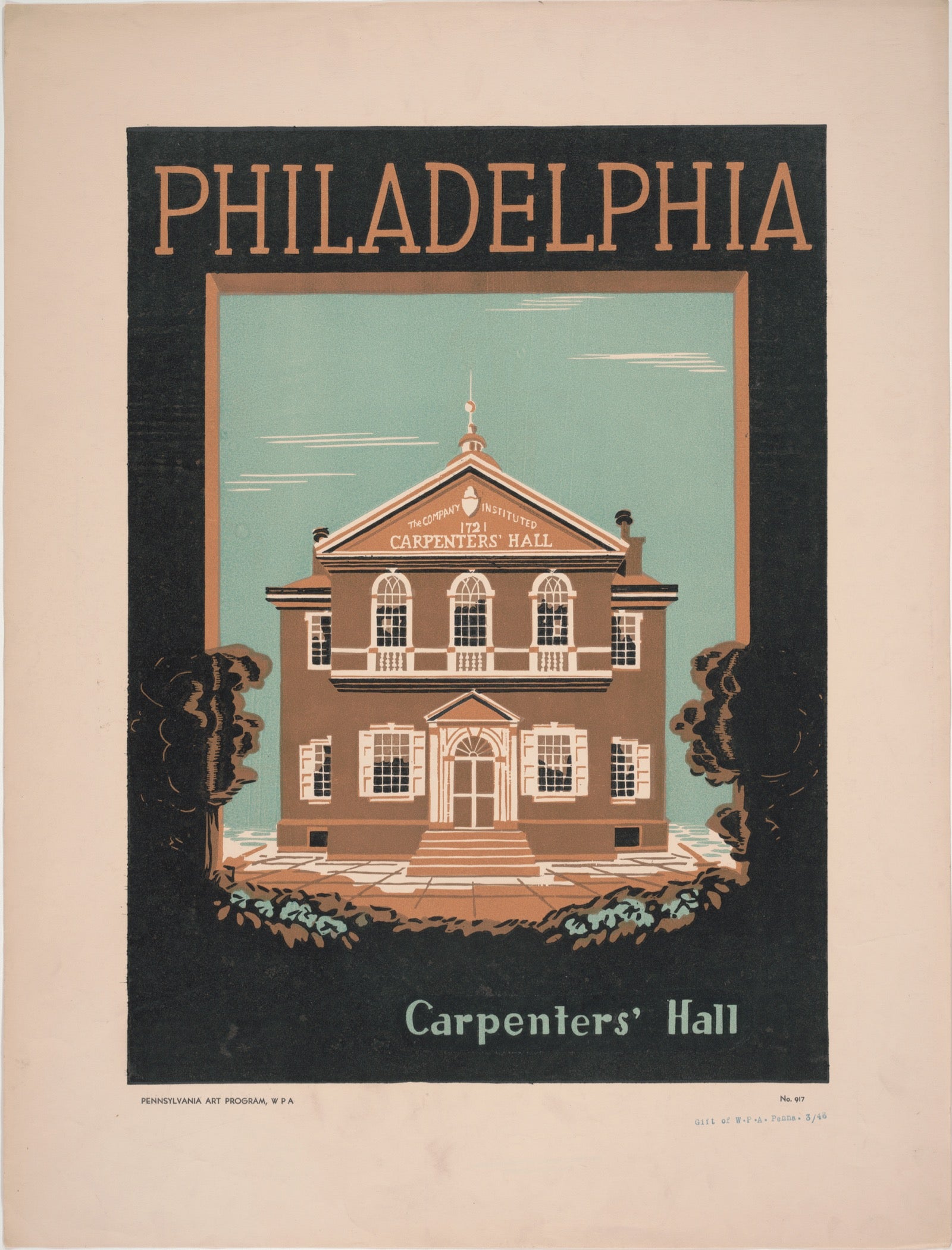 A Works Progress Administration poster depicts Carpenters' Hall in Philadelphia