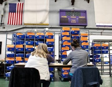 Election workers check ballots one last time before sending them to be scanned and counted in the West Chester University gym.