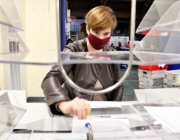 Margaret Hodgkiss-Lilly operates an extractor, which removes ballots from their envelopes