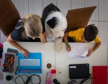 A mother works from home while her son attends school remotely