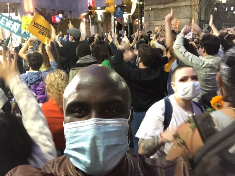 Philadelphians took to the streets after Biden's win was announced. (Solomon Jones for WHYY)