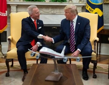 President Donald Trump meets with Rep. Jeff Van Drew, R-N.J., just before he switched his party affiliation, in the Oval Office of the White House, Thursday, Dec. 19, 2019, in Washington. (AP Photo/ Evan Vucci)