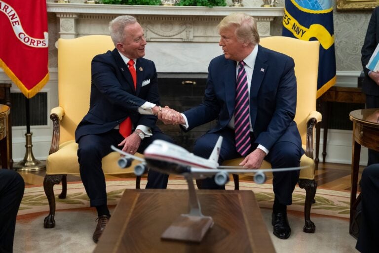 President Donald Trump meets with Rep. Jeff Van Drew, R-N.J., just before he switched his party affiliation, in the Oval Office of the White House, Thursday, Dec. 19, 2019, in Washington. (AP Photo/ Evan Vucci)