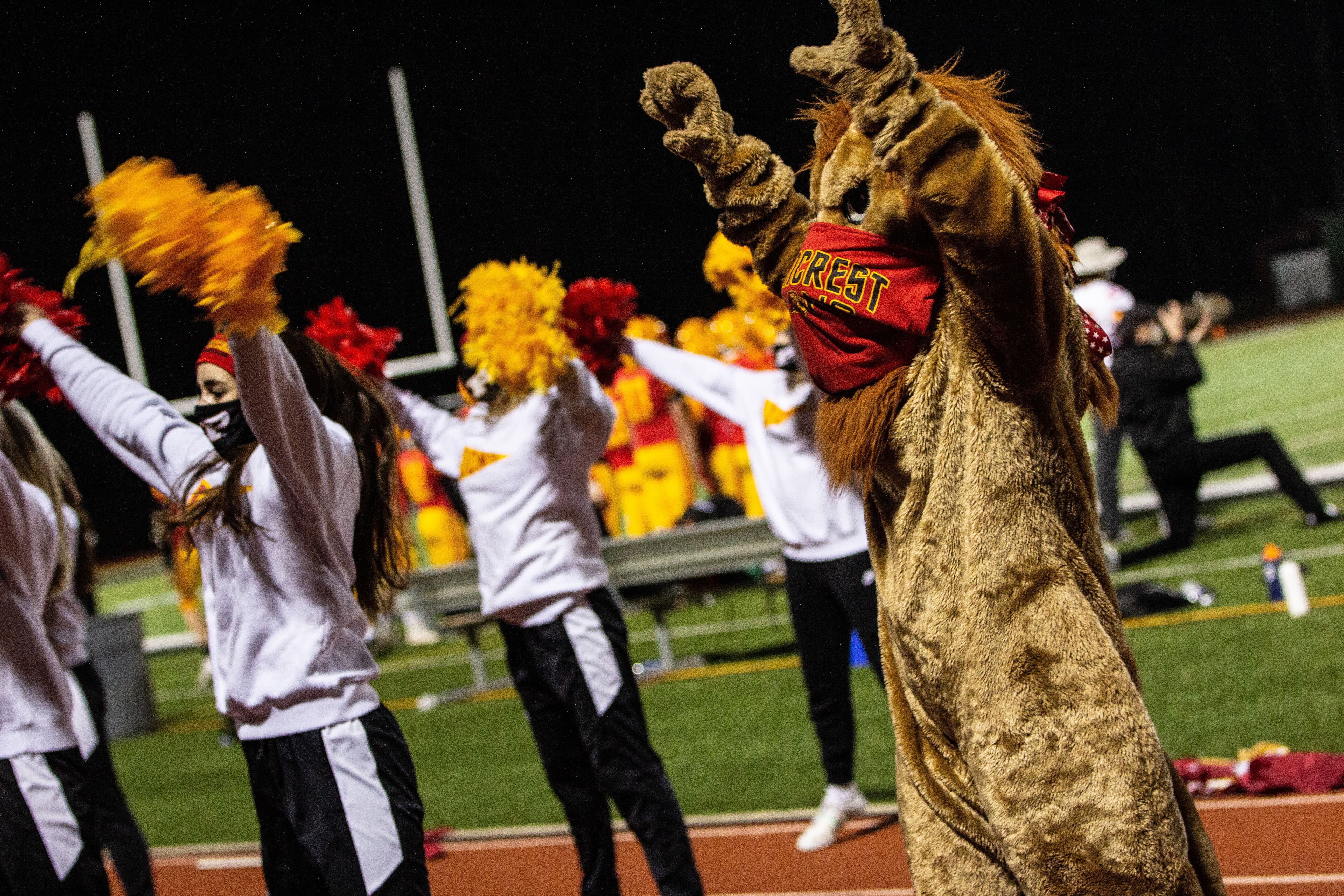 Even Penncrest High School’s mascot wore a mask at Friday’s Media Bowl.