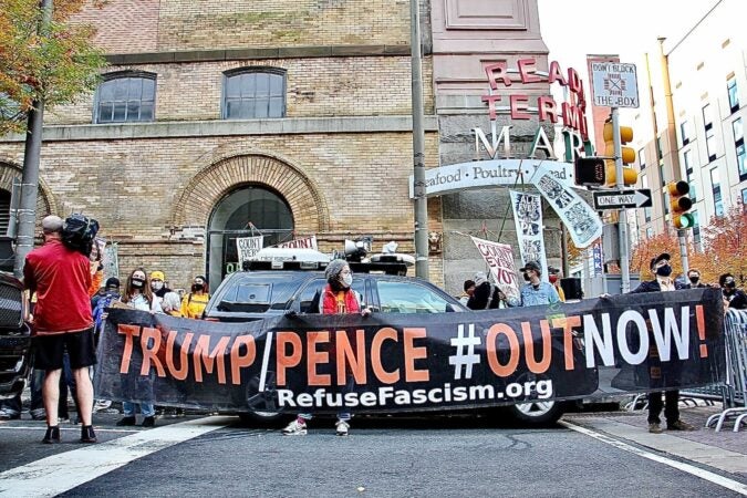 Members of Refuse Fascism rally outside the Pennsylvania Convention Center, where Philadelphia’s mail-in and absentee ballots are being counted.