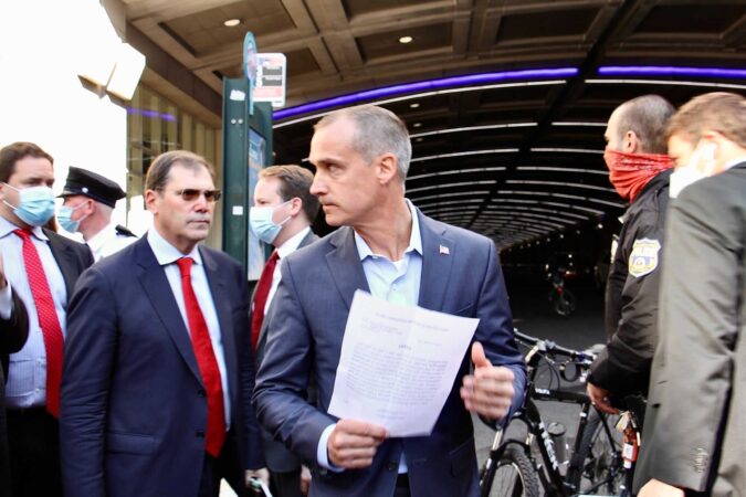 Trump operative Corey Lewandowski addresses reporters at Pennsylvania Convention Center, where Philadelphia votes are being counted, while armed with what appears to be a court order.