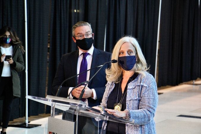 Philadelphia City Commissioners Lisa Deeley and Al Schmidt update the media on ballot-counting progress at the Pennsylvania Convention Center.