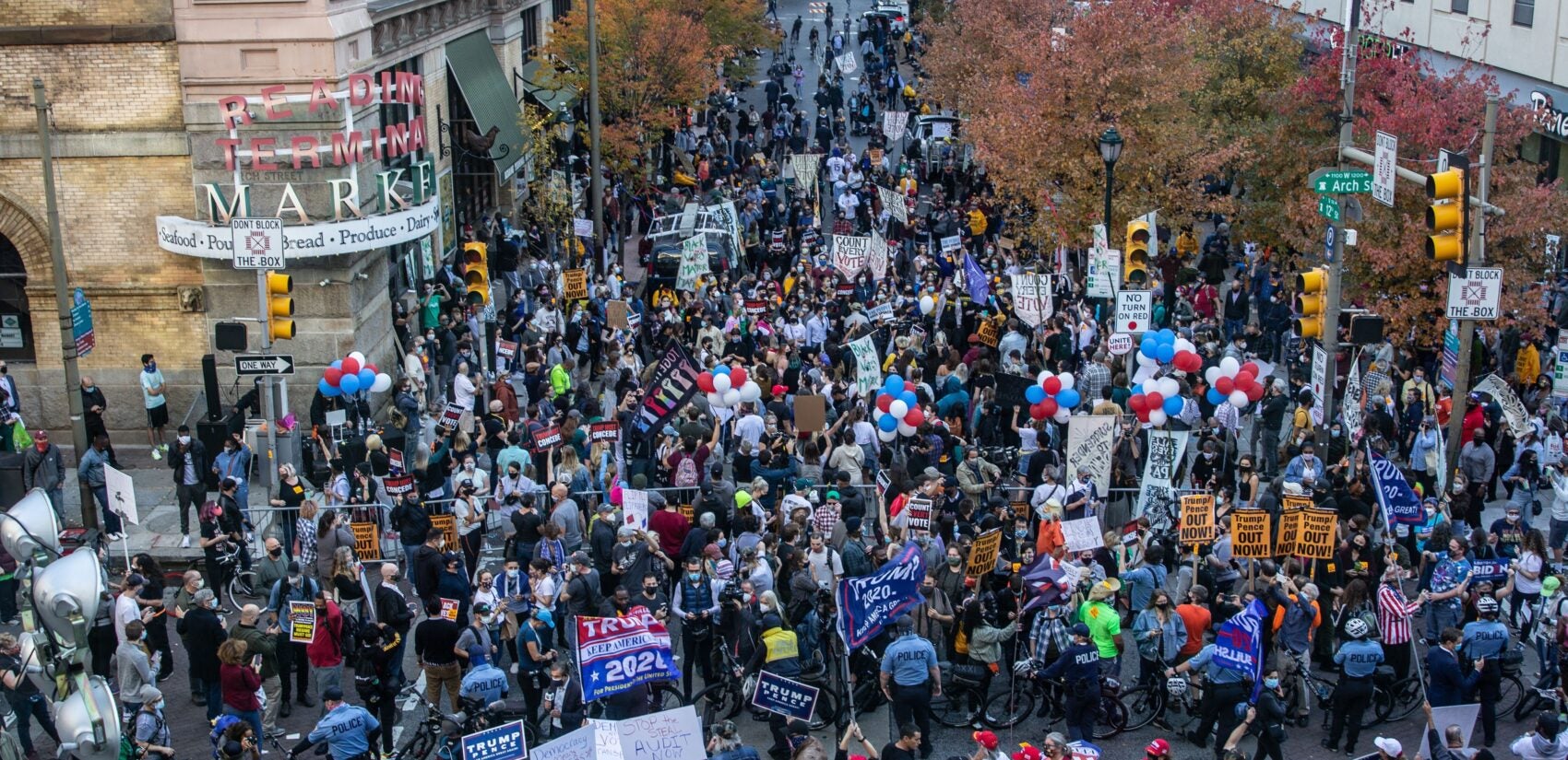 At 12th and Arch Streets in Philadelphia, protesters from both sides were separated by a line of police.