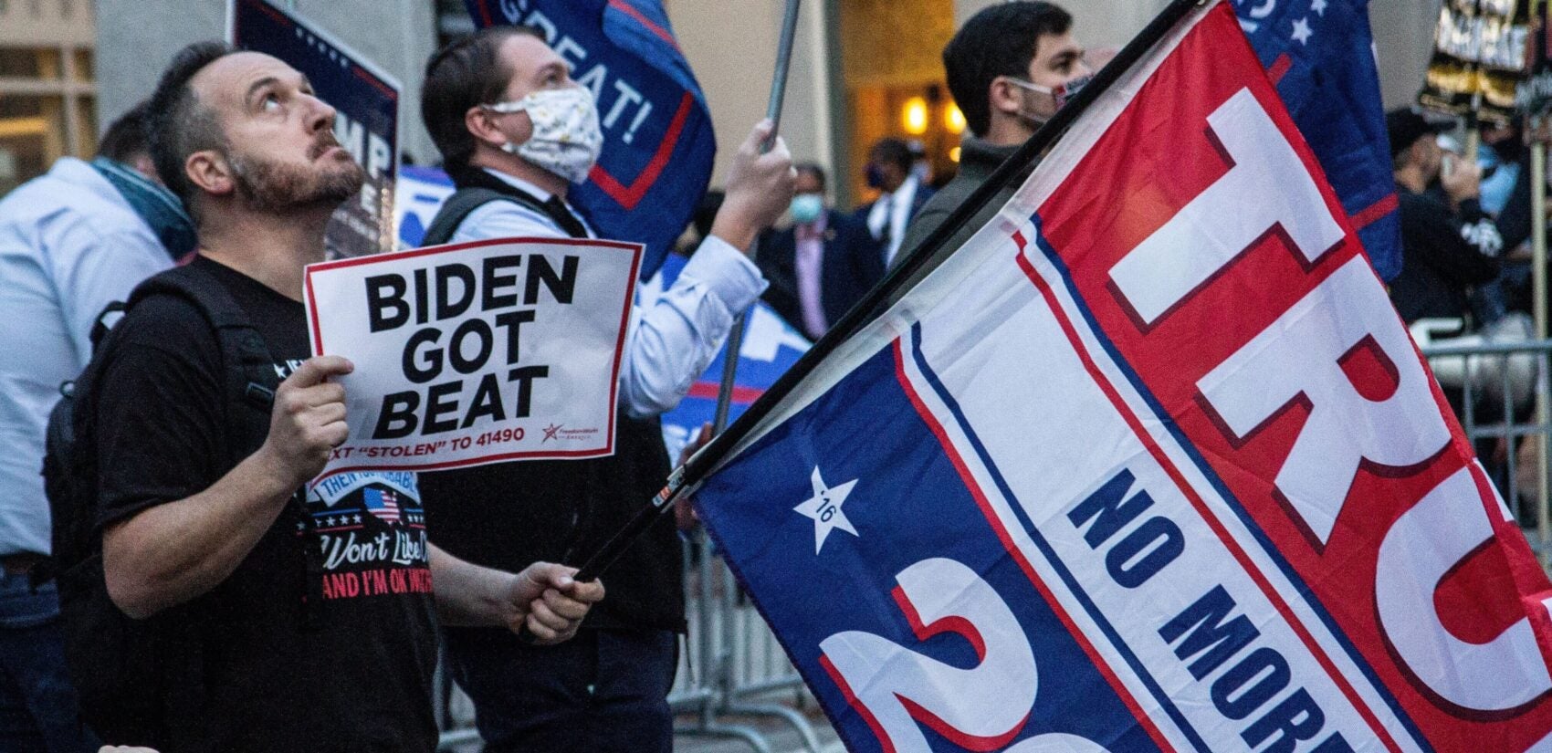 About two dozen protesters gathered outside Philadelphia’s vote counting headquarters in support of President Trump.