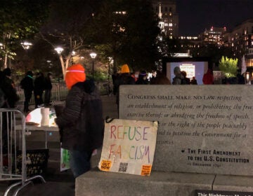 Activists held an election night rally in front of Independence Hall in Old City, Philadelphia. (Michaela Winberg/Billy Penn)