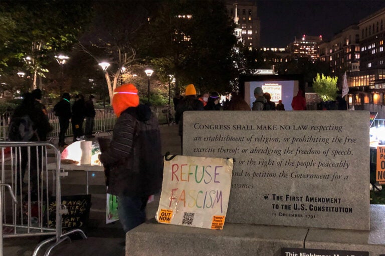 Activists held an election night rally in front of Independence Hall in Old City, Philadelphia. (Michaela Winberg/Billy Penn)
